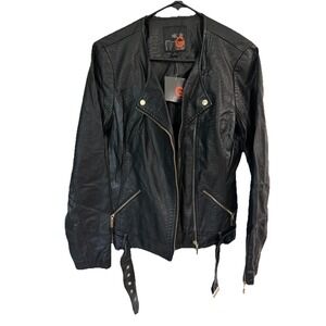 NWT Women's Guess Black Faux Leather Jacket With Gold Accents Size‎ Medium